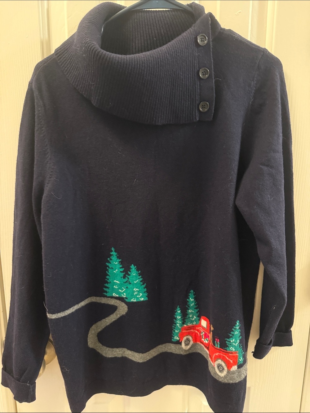 Talbots Navy Cowlneck Sweater with Red Truck Embroidery
